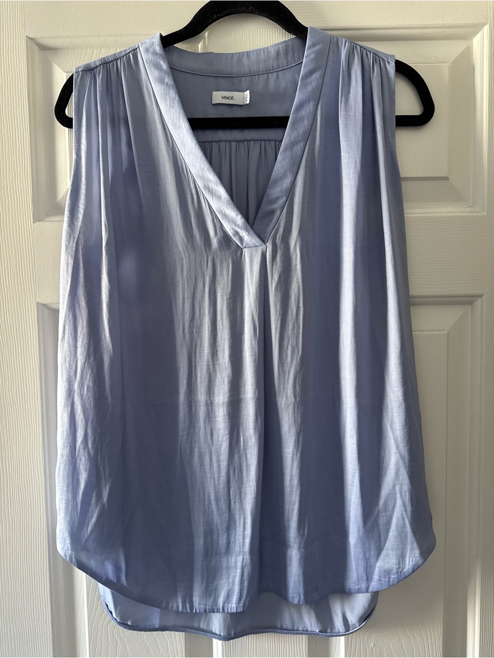 Vince Soft Blue Small Satin Sleeveless V-Neck High Low Blouse Luxe Basic